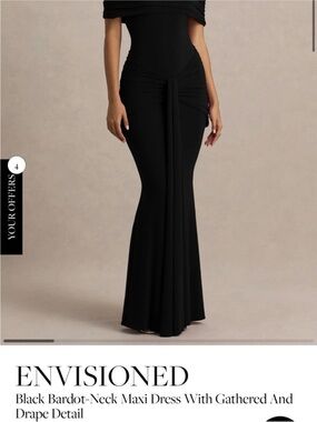 Black Bardot-Neck Maxi Skirt with Gathered Drape Detail